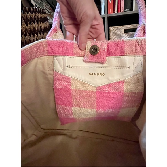SANDRO Kasbah Gingham Pink & Cream Cotton Tote Bag w/ Gold Bag Charm - Picture 13 of 16